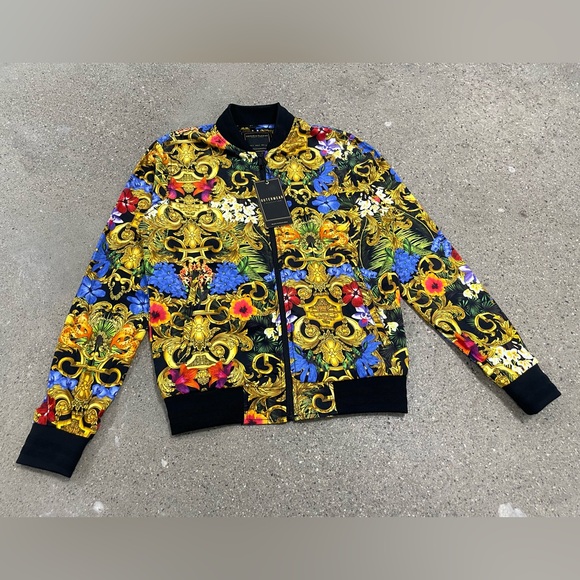 NWT Denim & Flower Ricky Singh Full Zip Floral Bomber Jacket Gold/Black Versace - Picture 2 of 14